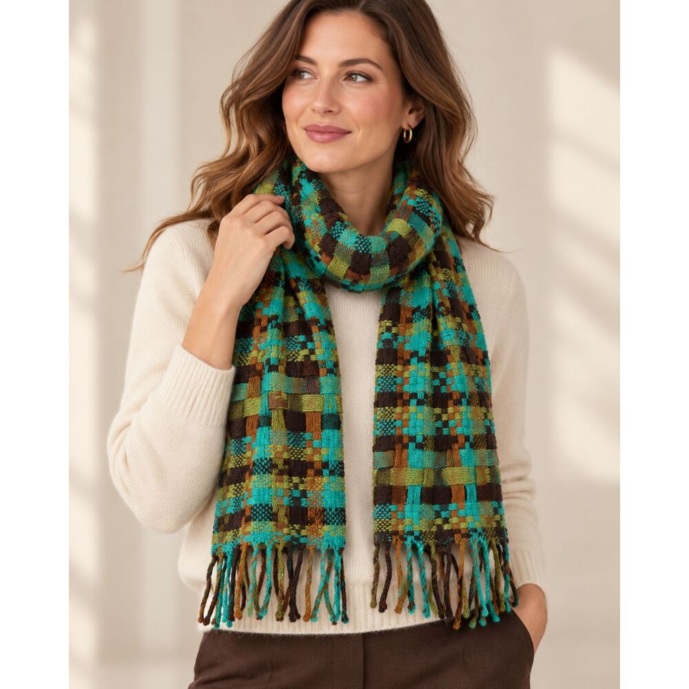 Kimberly Italy Lambswool Blend Woven Scarf Turquoise Brown Green Fringe 10x30